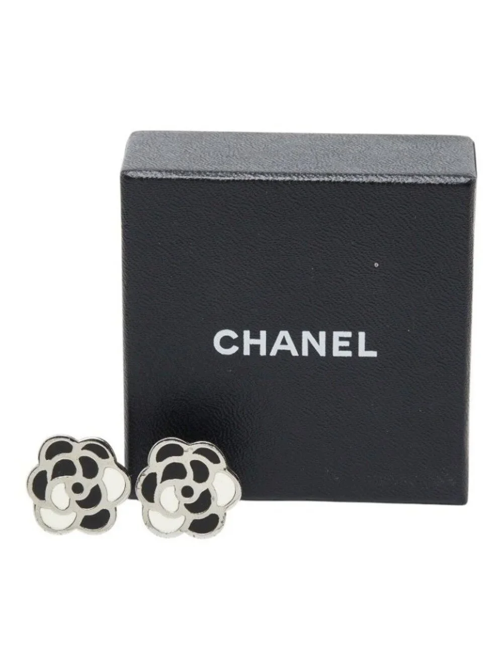 Chanel Camellia Earrings Silver Black Metal